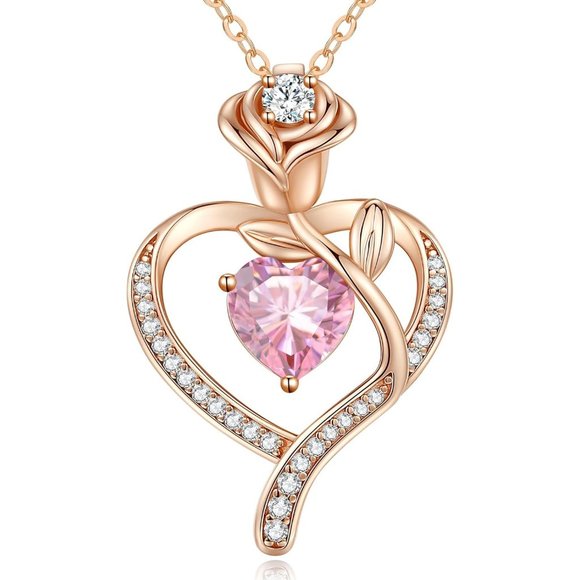 925 Sterling Silver Rose Flower Heart Birthstone Pink Necklace Gifts for Women